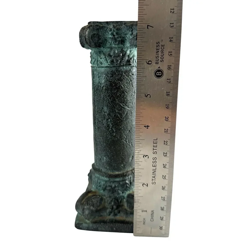 Vintage Style Faux Bronze Resin Column Candle Holder Greek Roman 7” Verdigris
